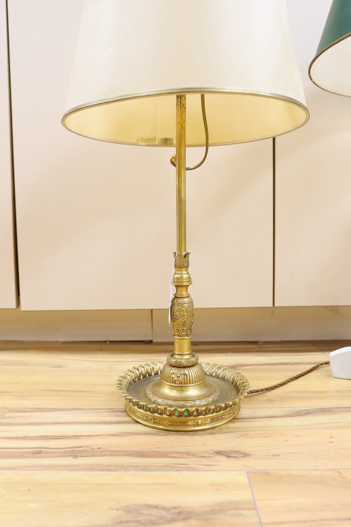 Two large French bouillotte style ornate gilt metal table lamps, tallest 70cm